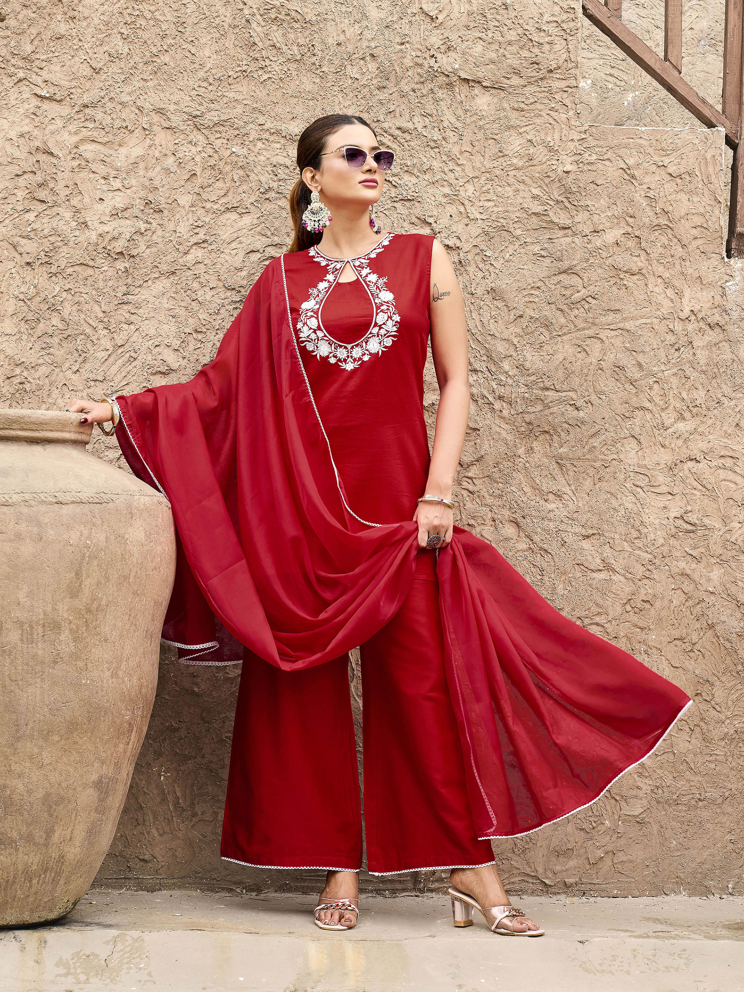 Red color silk blend with white thread embroidered kurta & palazzo with dupatta set